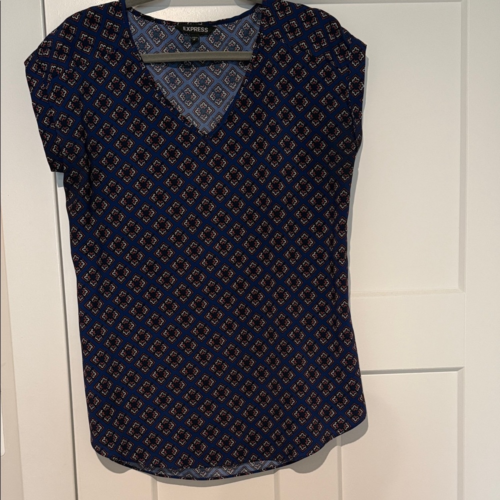 Express Navy and White Patterned Blouse